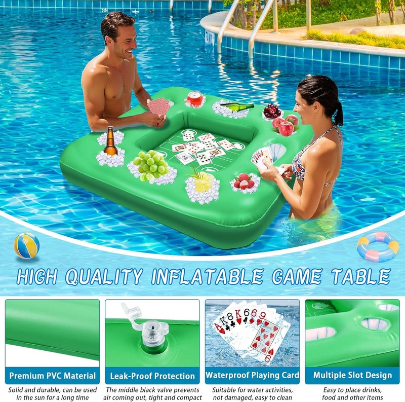 MJZ Floating Table for Pool Game, 40 x 40 in Floating Card Table for Pool with Food Drink Holders and Waterproof Playing Cards, Inflatable Floating Pool Table for Adults and Family Party (Green) - Image 3